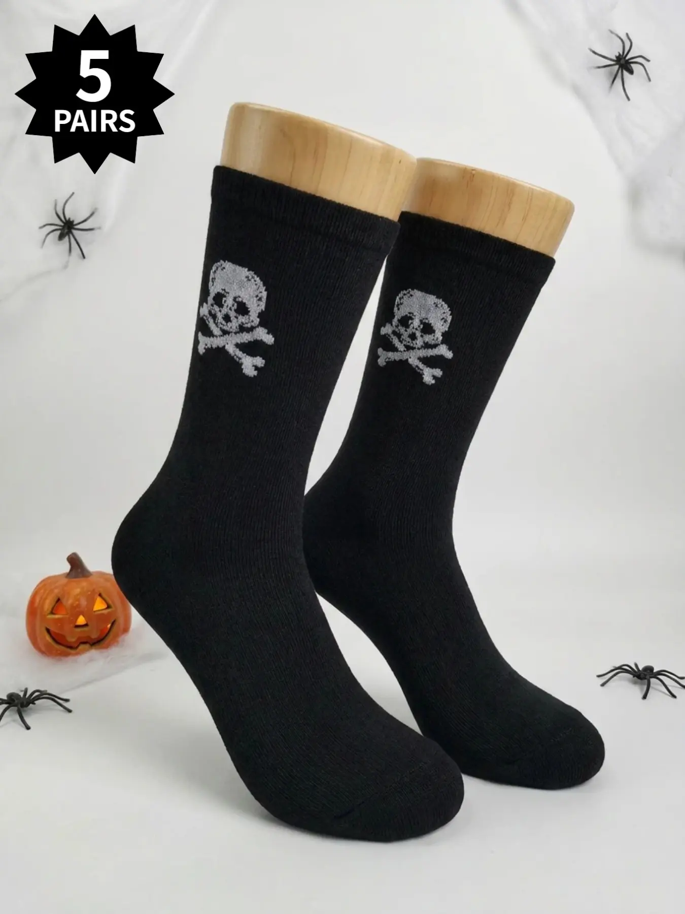 5-Pair Pack of Halloween Skull and Crossbones Jacquard Mid-Calf Socks—Pure Black, Minimalist Design, Unisex, Gothic/Dark Style, Versatile Everyday Socks