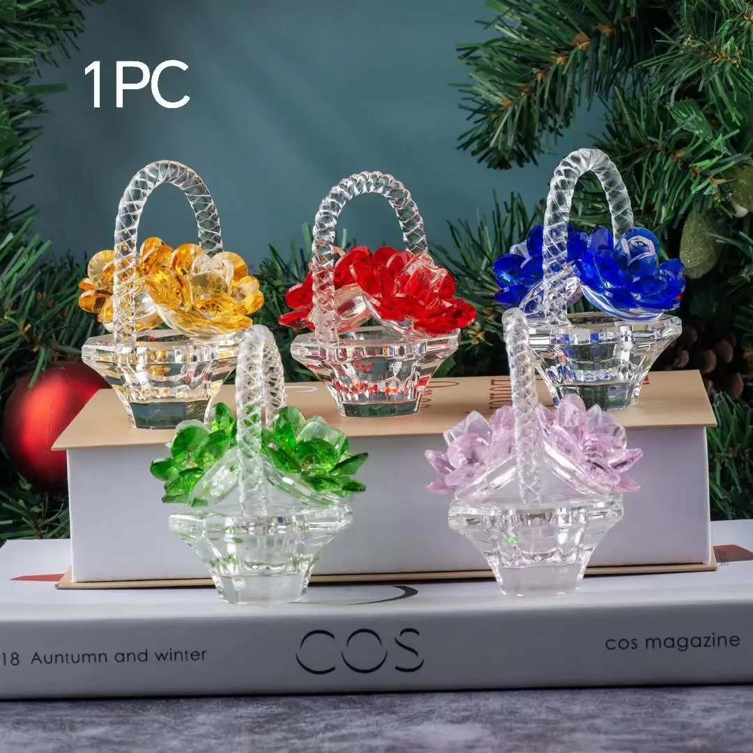 Crystal Rose Basket Home Decor, Entryway, Dining Table Decoration, Centerpiece, Bookshelf Ornament, Collectible Small Statue Decorative Item