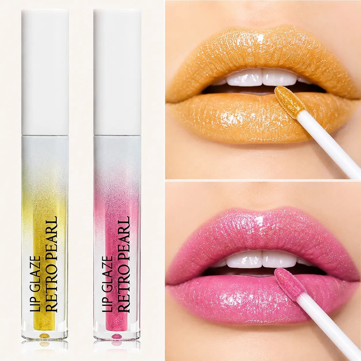 Retro Pearl Glitter Lip Glaze Hydrating Shiny Lip Gloss, Ultra-moisturizing non-sticky gel texture delivers mirror glass dewy plump lip finish, multi-use design works for lip tint, eye glitter and cheek highlight, buildable sheer luminous pigment