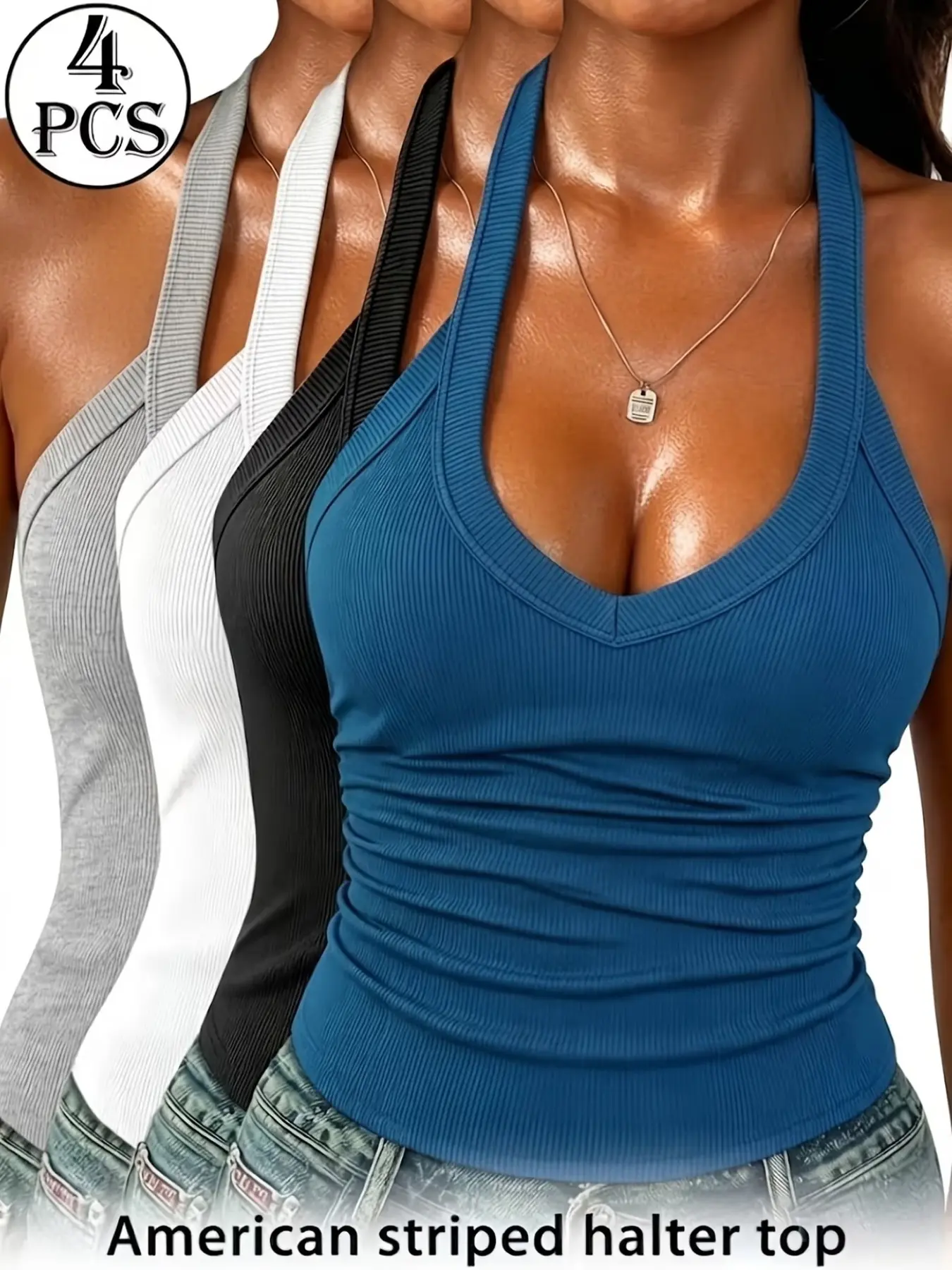 Women's 4-Pack Halter-Neck Racerback Tops, Sexy Deep V-Neck Ribbed Crop Tops