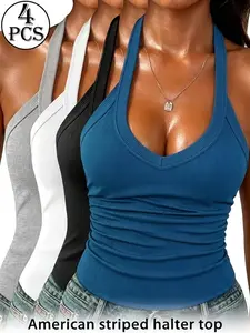 🔥 4-Pack Halter-Neck Racerback Tops! Women's Sexy Deep V-Neck Ribbed Crop Tops