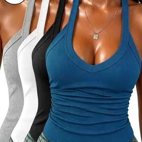 ❤4-piece ribbed knit, unpadded halter neck deep V-neck bodycon tank top, featuring a basic lift and support slim fit, Y2K chic sexy racerback design, suitable for layering or wearing alone in summer and autumn