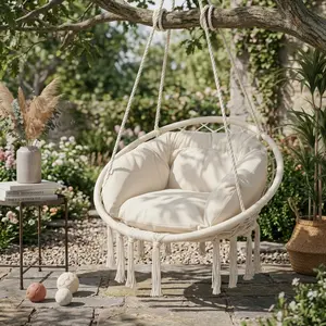 Macrame Hanging Hammock Swing Chair with Large Padded Cushion Heavy Duty 350 Lbs Capacity Portable Indoor Outdoor Swing Chair for Bedroom Porch Garden Adults Teens Relax Reading Napping Char count: 182