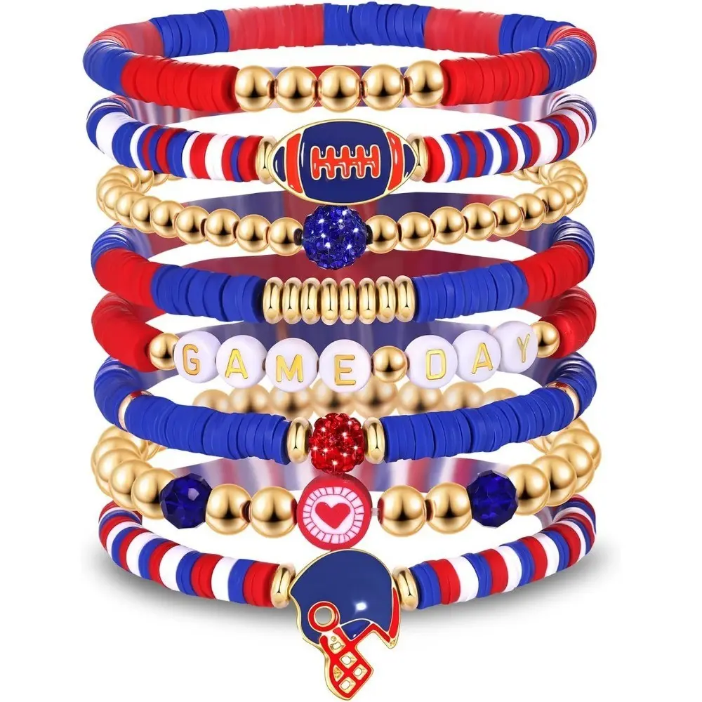 8 Pack Game Day Football Charm Bracelet Rubgy Sport Vibrant Blue White Red Gold Heishi Polymer Clay Beaded Stylish Fashionable Bracelet Style Sports Team Stackable Stretch Bracelets for Women Men Fan Jewelry Gift