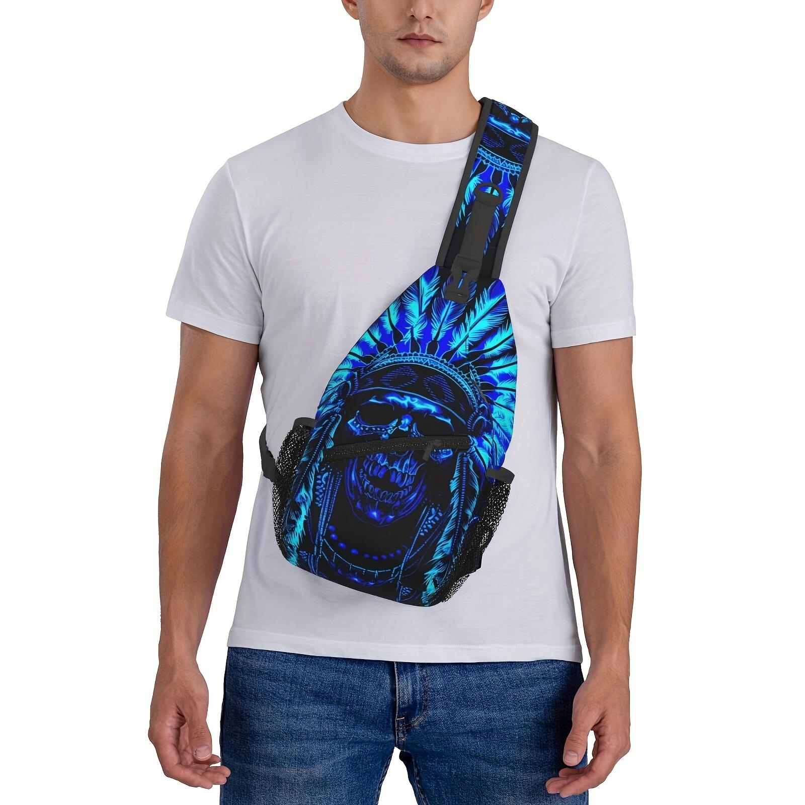Crossbody Chest  Hiking Indian Western Tribal Blue Skull Shoulder  Folding Large Capacity Fashion Durable Can Be Used For Shopping, Travel Beach  Fishing  Halloween Travel Accessories Must Have  For School Backchristmas Gifts bag backpack