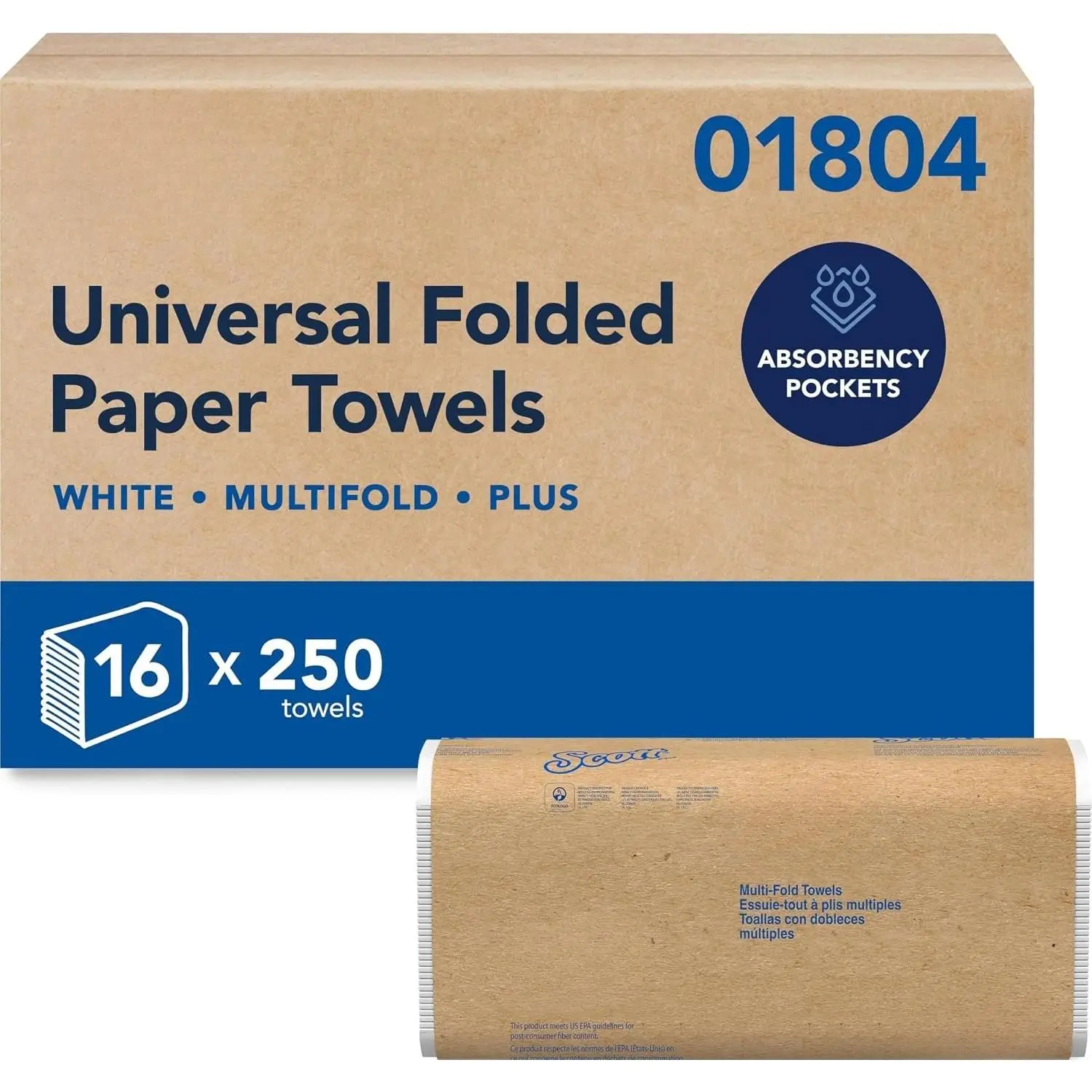 Multifold Paper Towels, Bulk, 16 x 250 Sheets (01804) | , Plus Tier, Absorbency Pockets, Compressed, White, Compatible with  Folded Towel Dispensers
