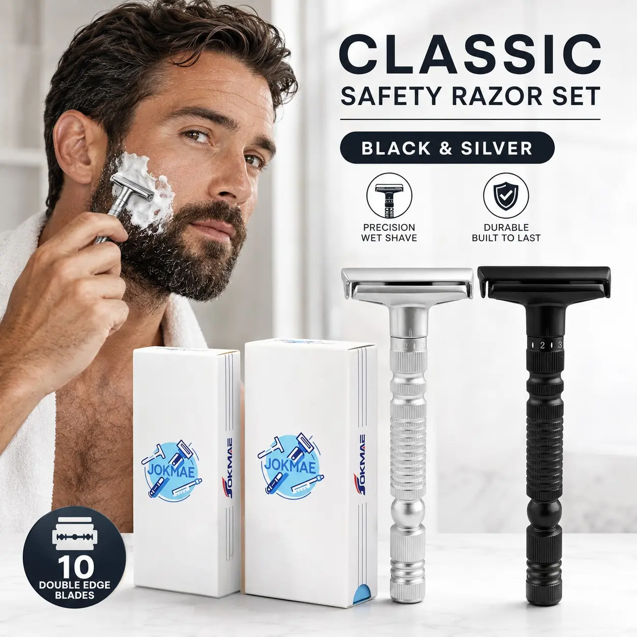 Adjustable double-edged safety razor with 10 stainless steel razor blades, reusable razor, smooth close shave (Silver or Black)