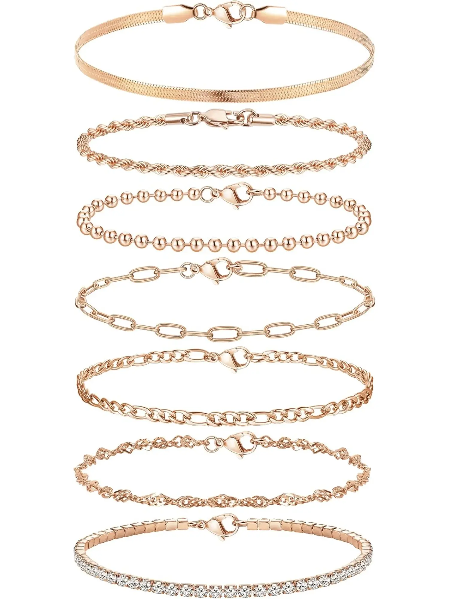 7 Pcs Chain Bracelets for Women 14K Gold Plated Stacking Bracelet Twist Figaro Herringbone Adjustable CZ Link Bracelets Set Silver Gold Bracelet for Women Girls