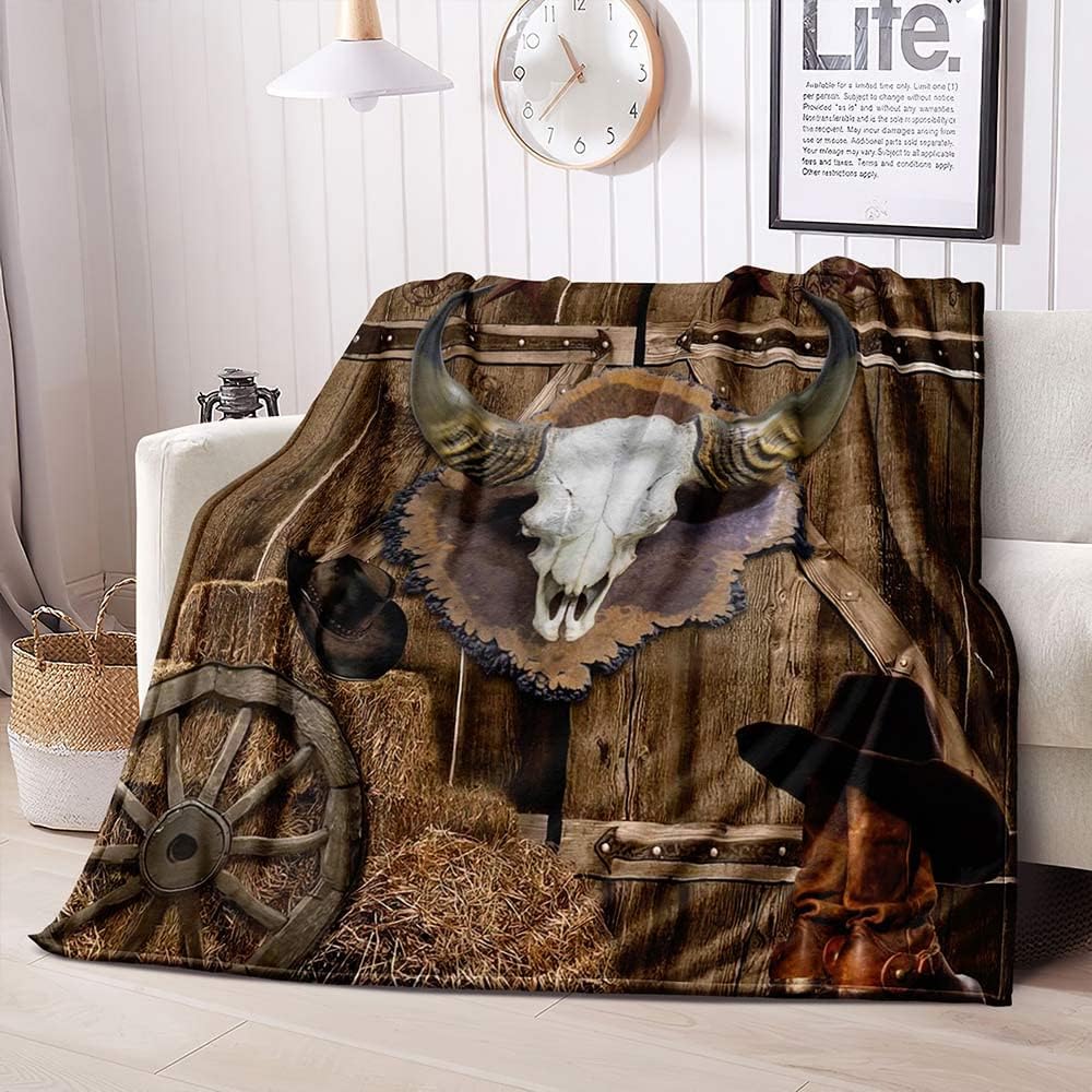 FRANALA Western Throw Blanket, Cow Skull Cowboy Hat Boots Wagon Wheel Texas Star Brown Barn Door Rustic Farmhouse Wild West Blanket, Cozy Soft Fuzzy Flannel Fleece Blanket for Couch, Sofa,