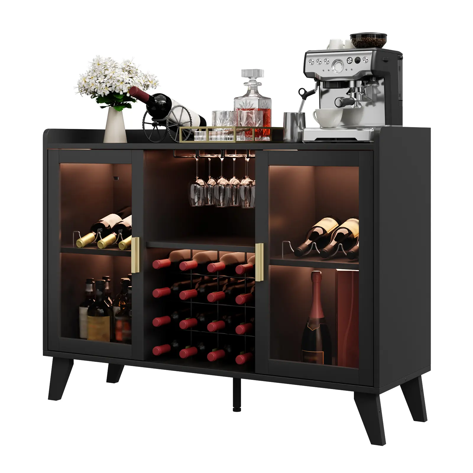Farmhouse Wine Bar Cabinet with Led Lights, Home Coffee Bar Cabinet with Wine Racks and Glass Holders, Modern Buffet Sideboard with Acrylic Doors and Drawer for Dining Room, Bar, Living Room, Black