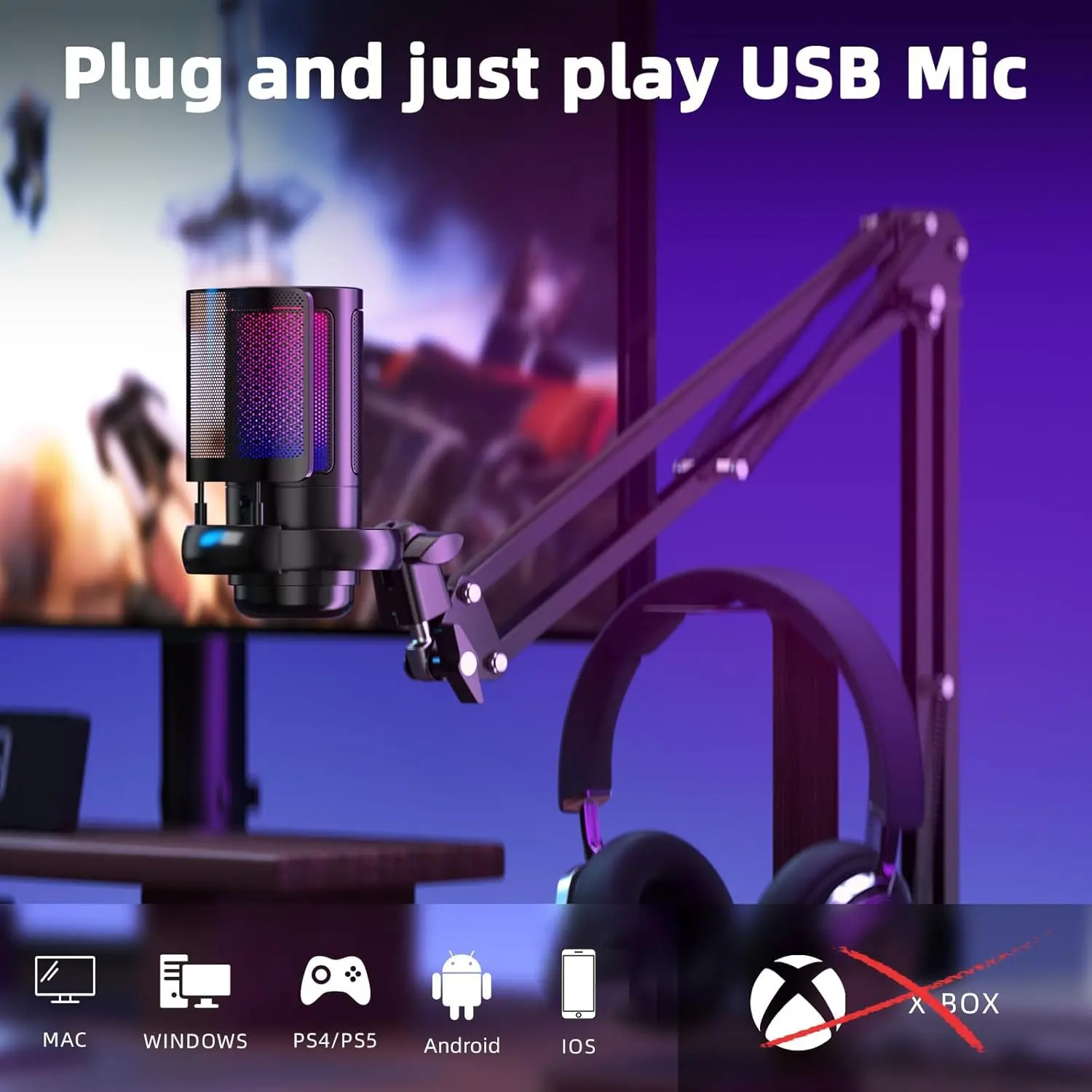 Game live streaming USB microphone set, professional grade heart-shaped directional noise reduction, equipped with boom arm, compatible with mobile phones/computers, supports real-time monitoring with 3.5mm headphones, RGB colorful lighting effect creates