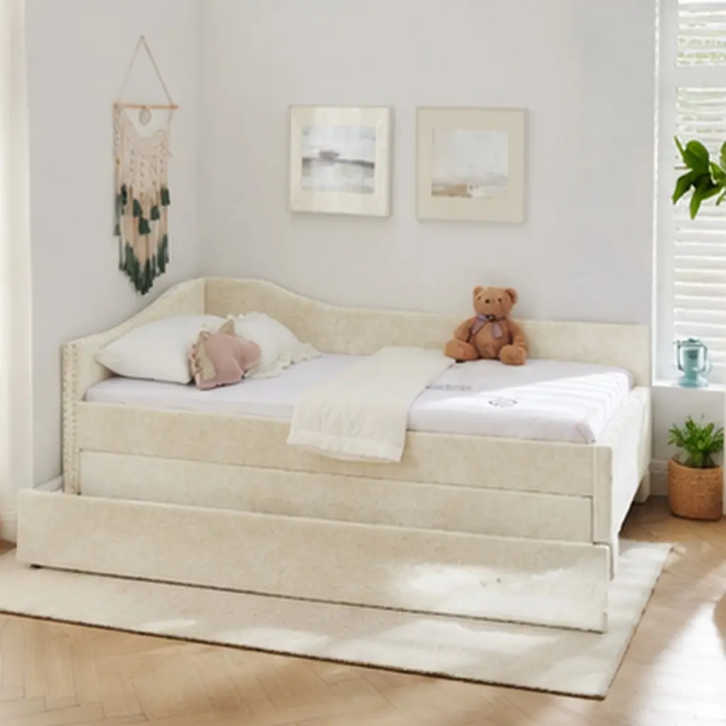 ARCH Twin Size Daybed with Pull-Out Trundle, Curved Round Edge Padded Backrest, Vintage Nailhead Trim, Chenille Upholstery, Beige, Built-In USB Port, Space-Saving 2-in-1 Sofa Bed for Bedroom Guest Room, Twin Size Options, Beige Color Options