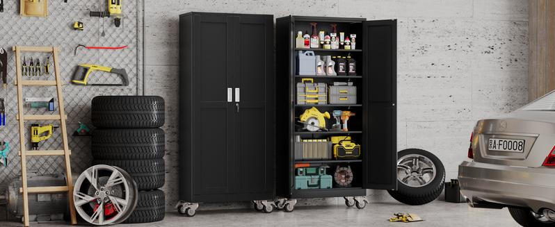 GEITIN 75" Tall Metal Garage Storage Cabinet with Wheels & Locking Doors, 5 Adjustable Shelves, Heavy Duty Steel Tool Cabinet for Garage, Home, Office, Shop