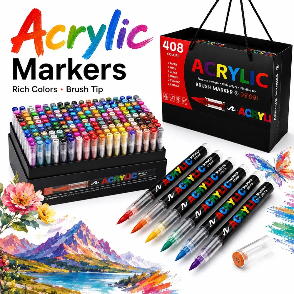 408pcs Liquid Core Soft Tip Acrylic Marker Pens, Portable, Student Use, Non-Transparent, Layerable, DIY Art Supplies, School Stationery Gifts