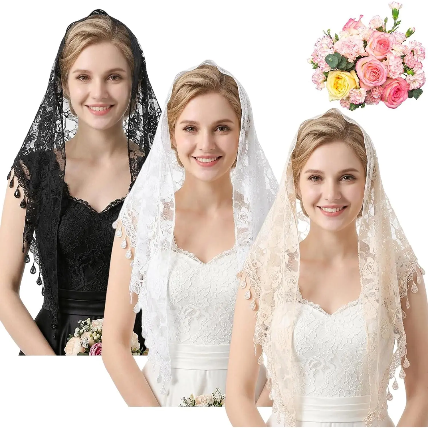 3 Pcs Mantilla Catholic Chapel Veils, Chapel Veils Catholic Mass |   Veil Catholics, for Women Girls, Church Headband, Floral Headwrap, Latin Mass Veil, for Wedding Bridesmaid