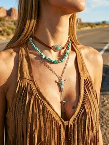 Boho Style 3-Piece Necklace Set, Western Cowboy Retro Look, Imitation Turquoise Cowhide Choker, Layered Wear for Daily/beach/western