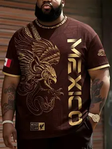 Large Size Men's Mexican Aztec Eagle Totem Short Sleeve Vintage Gold Print Sporty T-Shirt, Loose-Fitting Breathable Jersey