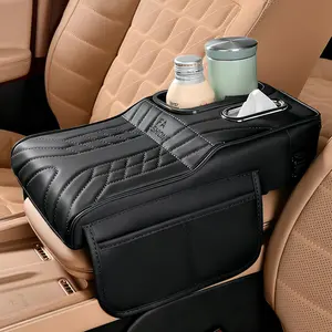 Car Center Console Armrest Pillow, 13.4"*7.5"*2" Leather Auto Arm Rest Cover with Pocket & Tissue Box & Cup Holder, Multifunctional Vehicle Armrest Cushion Pad, Car Accessories (Black)