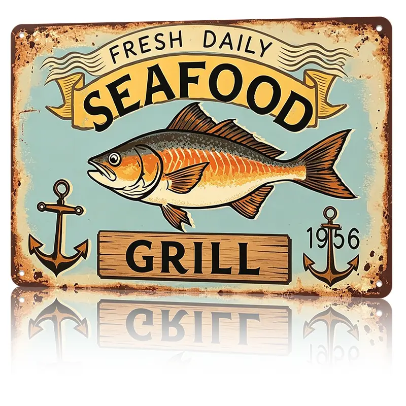 8x12 Inch Waterproof Rust-Free Aluminum Metal Sign, "Fresh Daily Seafood Grill" Orange Fish Anchor Nautical Illustration, Vintage Home Decor Wall Art, Funky Room Plaque, Gift for Nautical Enthusiasts