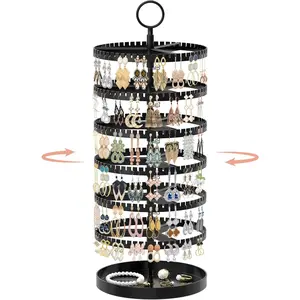 6 Tier Rotating Earring Holder Organizer with Metal Tray, Adjustable Plastic Dangle Display Stands Tree with 342 Grooves, Large Hoop Storage Rack Tower, Black