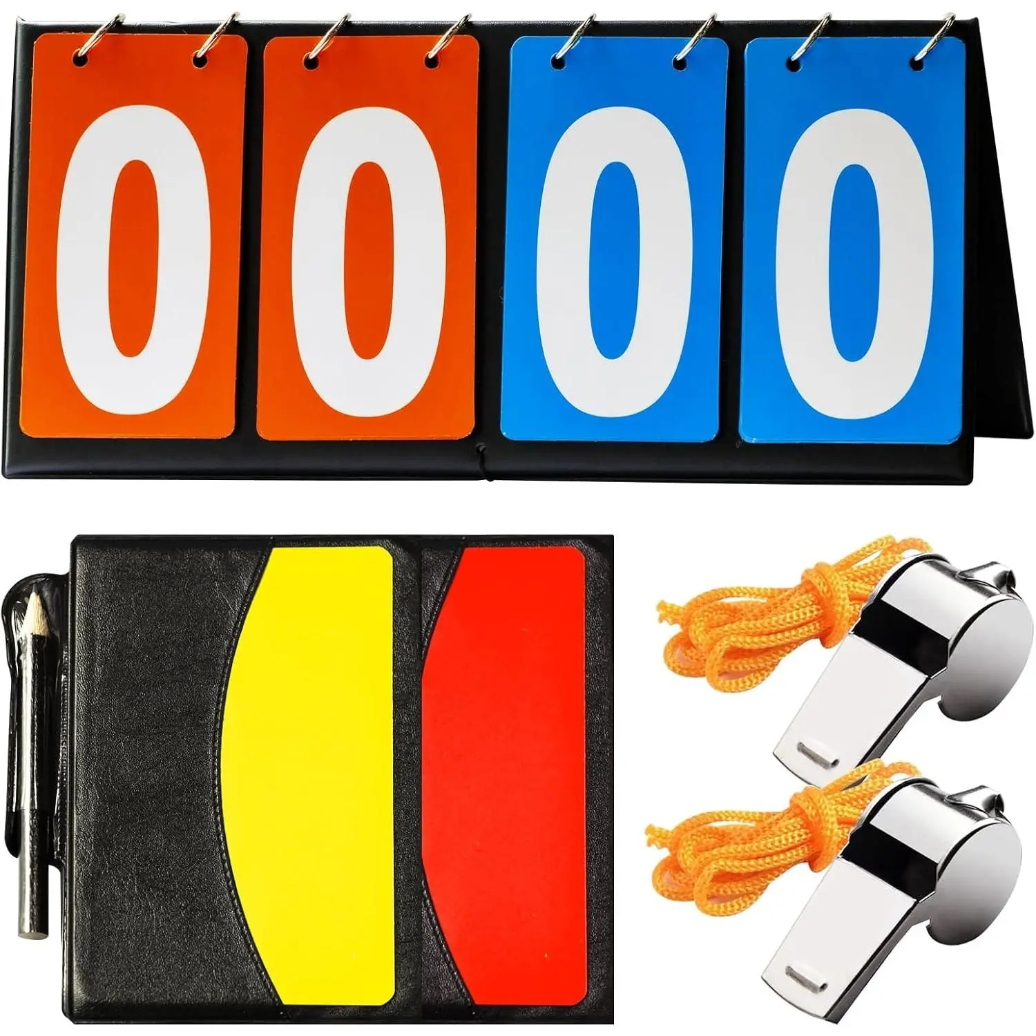 10Pcs Soccer Referee Kit, Includes 4-Digital Portable Table Top Scoreboard Flipper, Stainless Steel Sports Whistles, Red Yellow Cards, Notebook for Football Soccer Games