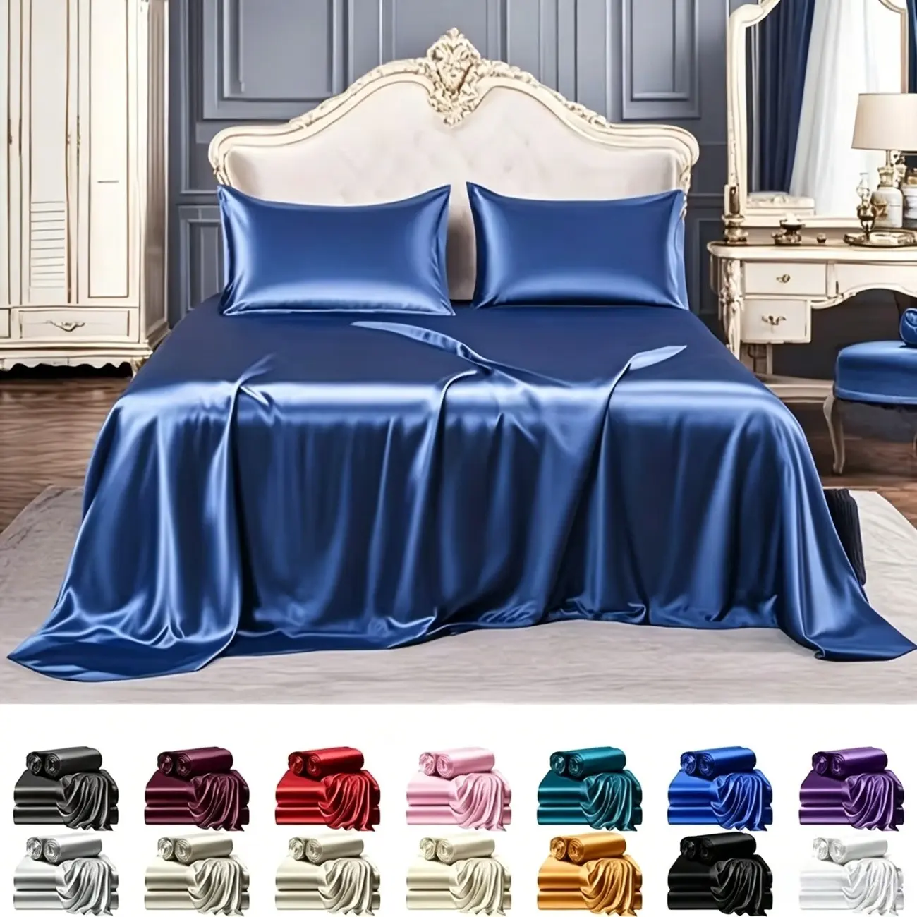 4 Pcs Queen Size Satin Bedding Set, Luxury Soft Smooth Duvet Cover & Bed Sheets, All Season Breathable Washable Easy Care, Ideal for Home Bedroom Guest Room Decor, Perfect Mother's Day Easter Gift, Random Color