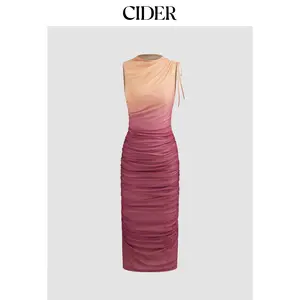 Women's Casual Cider Maxi Dress, 0-10 Size, Mesh Material, Round Neckline, Gradient Design, Ruched Drawstring, Womenswear, Maxi Length Dealsforyou