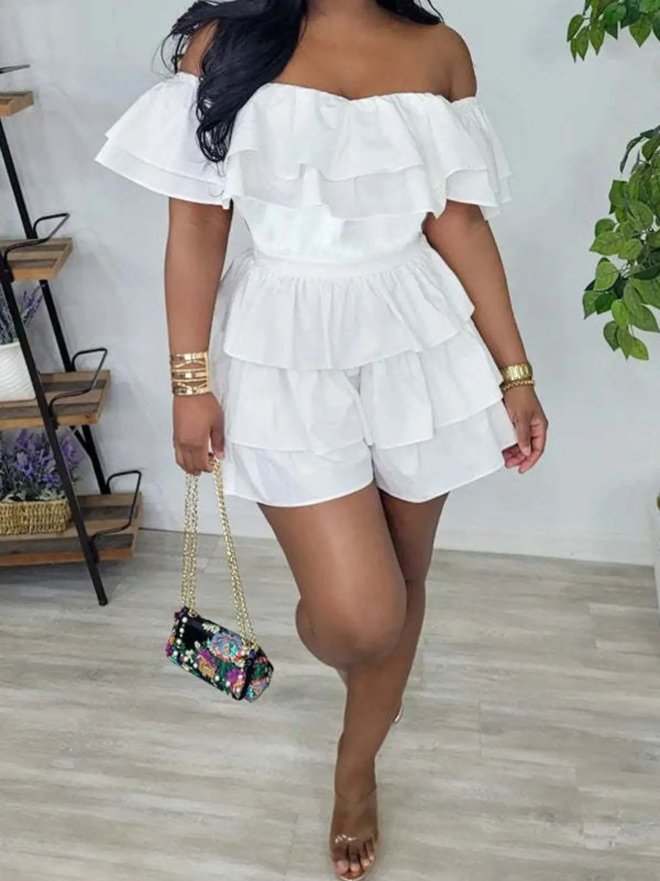 Summer New Pure Color Simple Casual One-Shoulder Ruffle Waist Cinched Bustier Cake Dress, Vacation Hot Girl Bodysuit Shorts