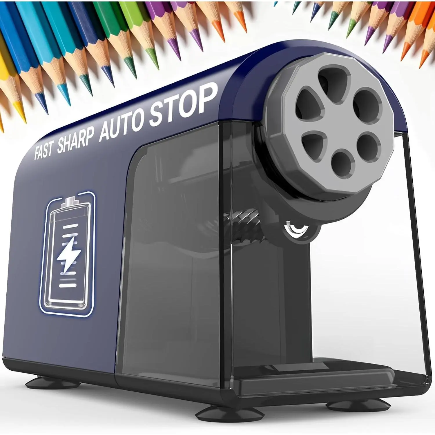 Electric Pencil Sharpener for Classroom, 6 Holes, Cordless & Rechargeable,  Sharpen, Auto Stop, 10K+ Uses, Heavy Duty Pencil Sharpener for 6-11mm No.2/Large/Colored Pencils PSD2(Blue)