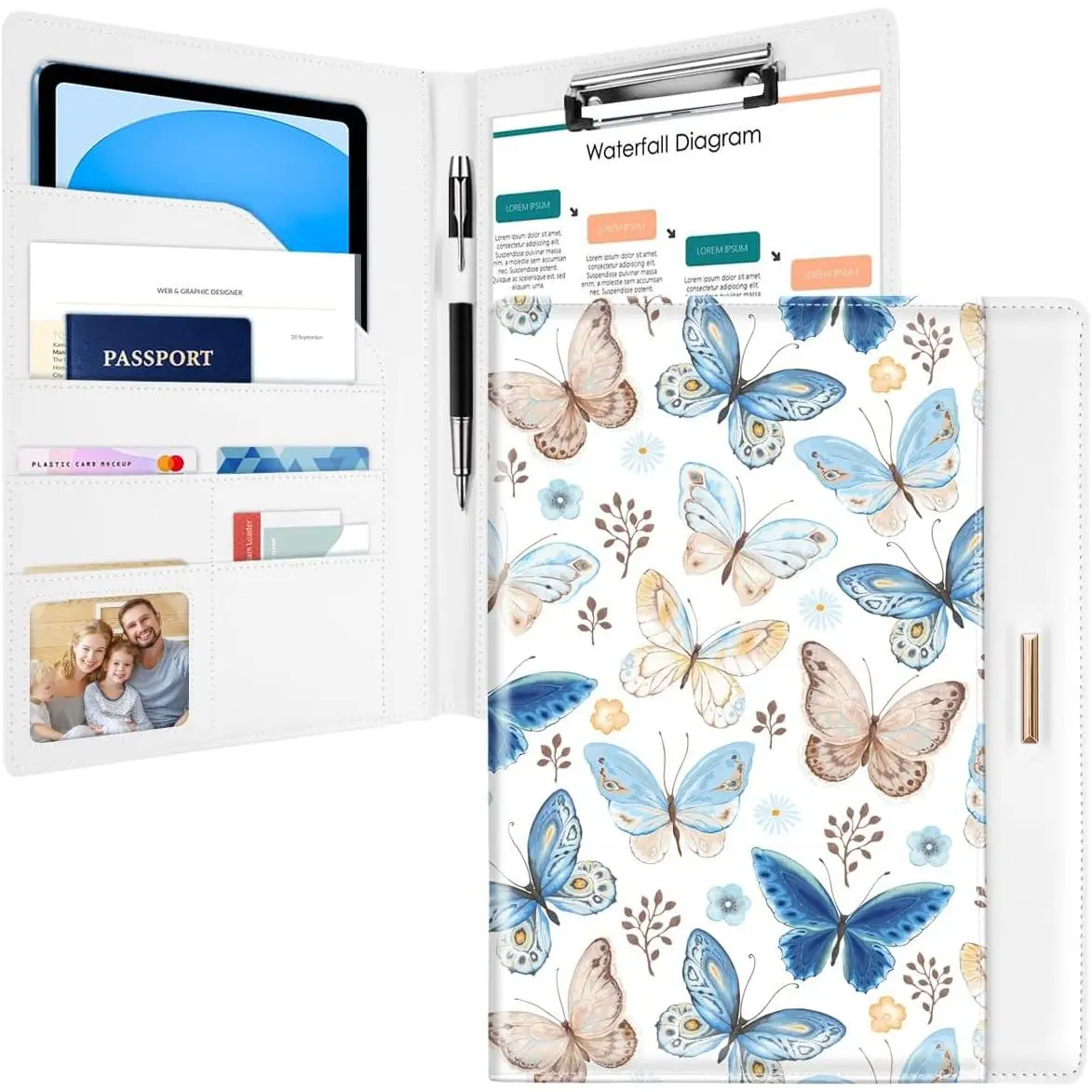 Padfolio/Resume Portfolio Folder for Women Men,  Cute Chic Padfolio Cover Folder, Conference/Legal Document Organizer with Letter/A4 Size Clipboard, Document Sleeve, Butterfly
