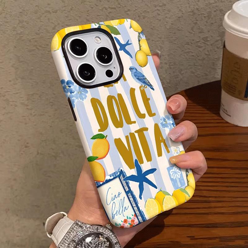 Lemon Bluebird, blue striped pattern 2-in-1 protective case - durable, double-layer design, drop-proof, suitable for iPhone 17, 16, 15, 14, 13, 12, 11, 8, 7, X, XS, XR, Plus, Air, Pro, Max, Mini, SE2, SE3, a perfect New Year's gift for friends, family, an