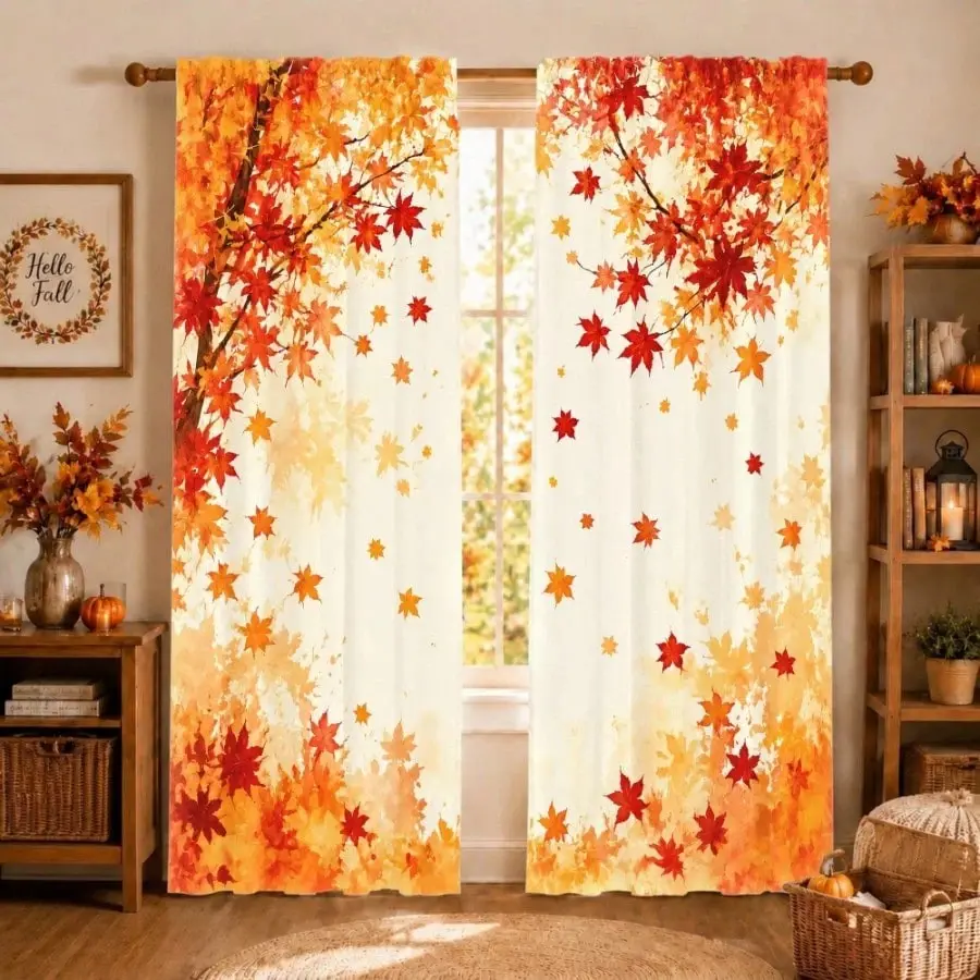2pcs Autumn Maple Leaf Curtains, Bright Leaf Print, Rod Pocket, Ideal for Living Rooms, Bedrooms, Balconies, All Seasons Decor
