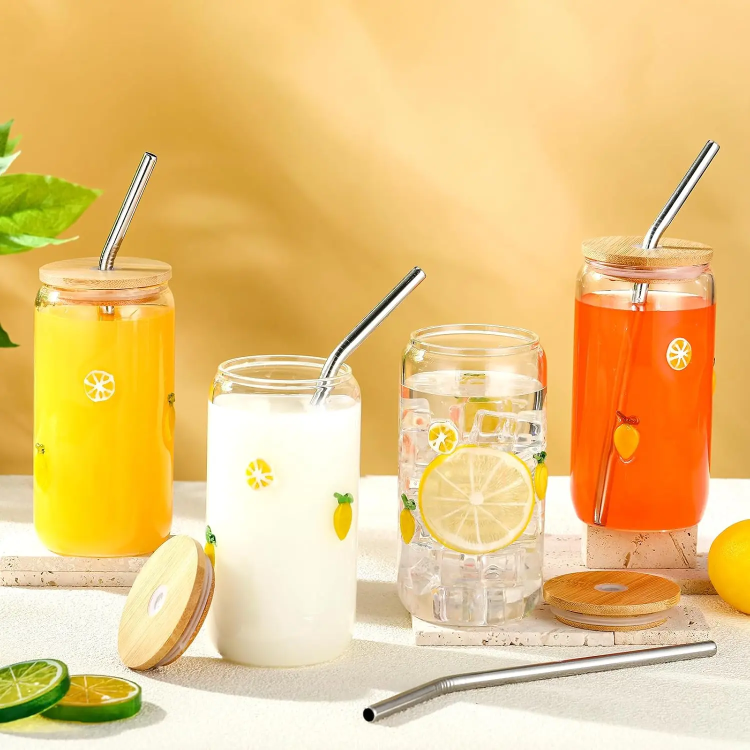 4 count  Icon Juice Glass - 17 oz  Icon Glass Cups with Lid, Straw and Cleaning Brush,   Coffee Soda Glassware for Holiday Thanksgiving Christmas Party Gifts