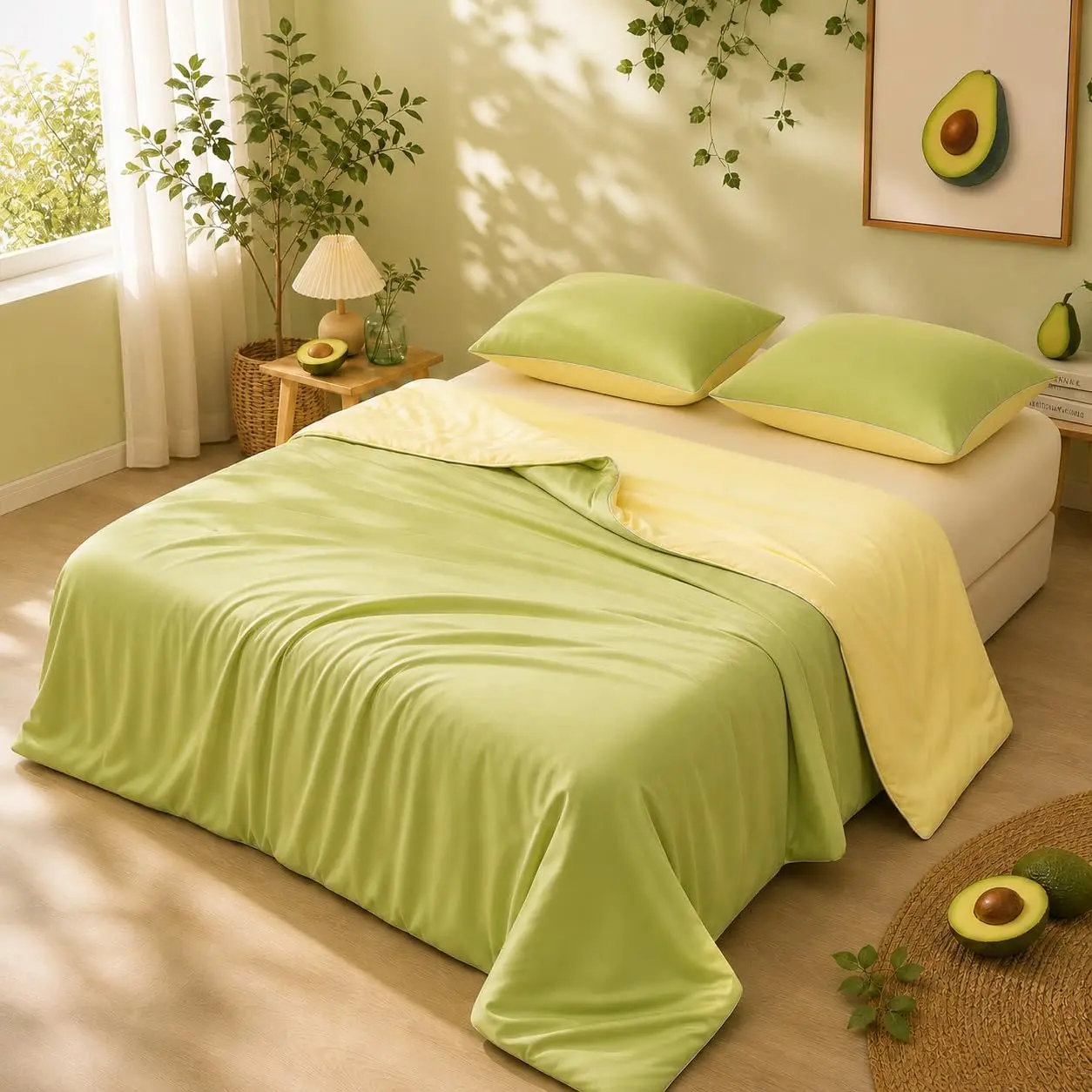 Queen Size Modern Cooling Comforter - Polyester Fill, Q-Max 0.45 Reversible, Temperature Control, Lightweight Breathable Bedding for Hot Sleepers Prone to Night Sweats (Yellow+Green), Comforter Queen Size
