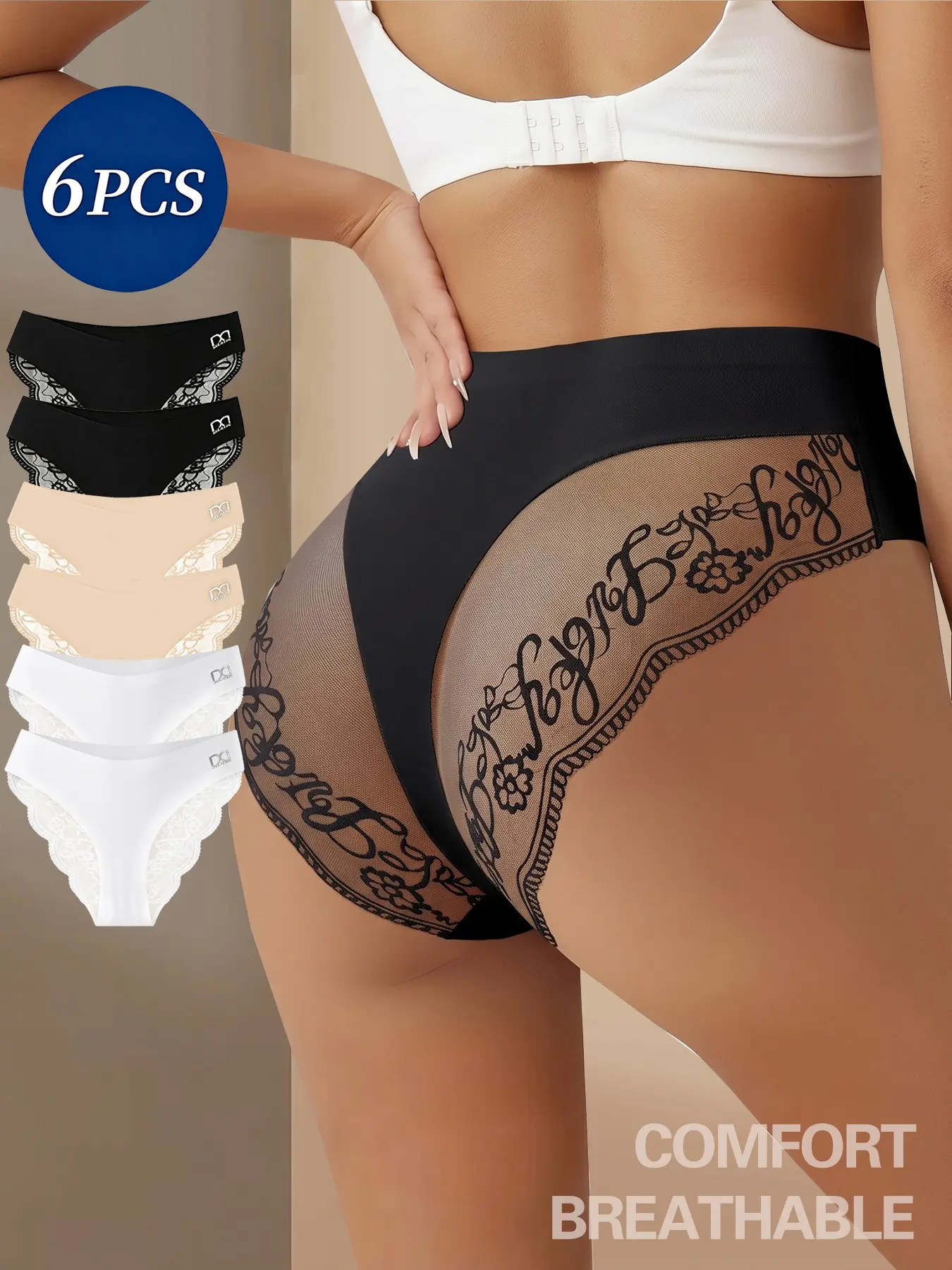 6pcs Invisible Mid-Waist Briefs, Romantic Floral Lace Trim, Soft Breathable, Daily Comfort, Everyday Wear Panties, Soft Intimates, Ideal for Brides and Vacations, Women's Perfect Fit