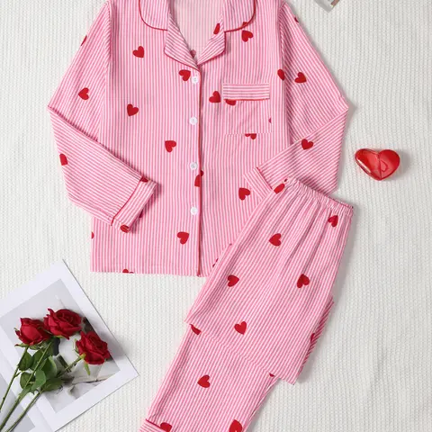 Valentine's Day Women's Sleepwear Loungewear Set Nightwear Sleepwear, Bubble Pleated Heart Print Pajamas, Button Front Long Sleeve Top & Elastic Waist Pants, Casual Home Wear, Pjs