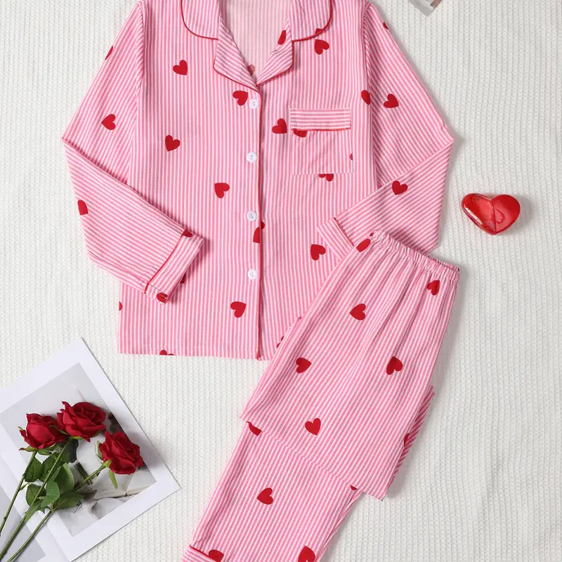 Valentine's Day Women's Sleepwear Loungewear Set Nightwear Sleepwear, Bubble Pleated Heart Print Pajamas, Button Front Long Sleeve Top & Elastic Waist Pants, Casual Home Wear, Pjs