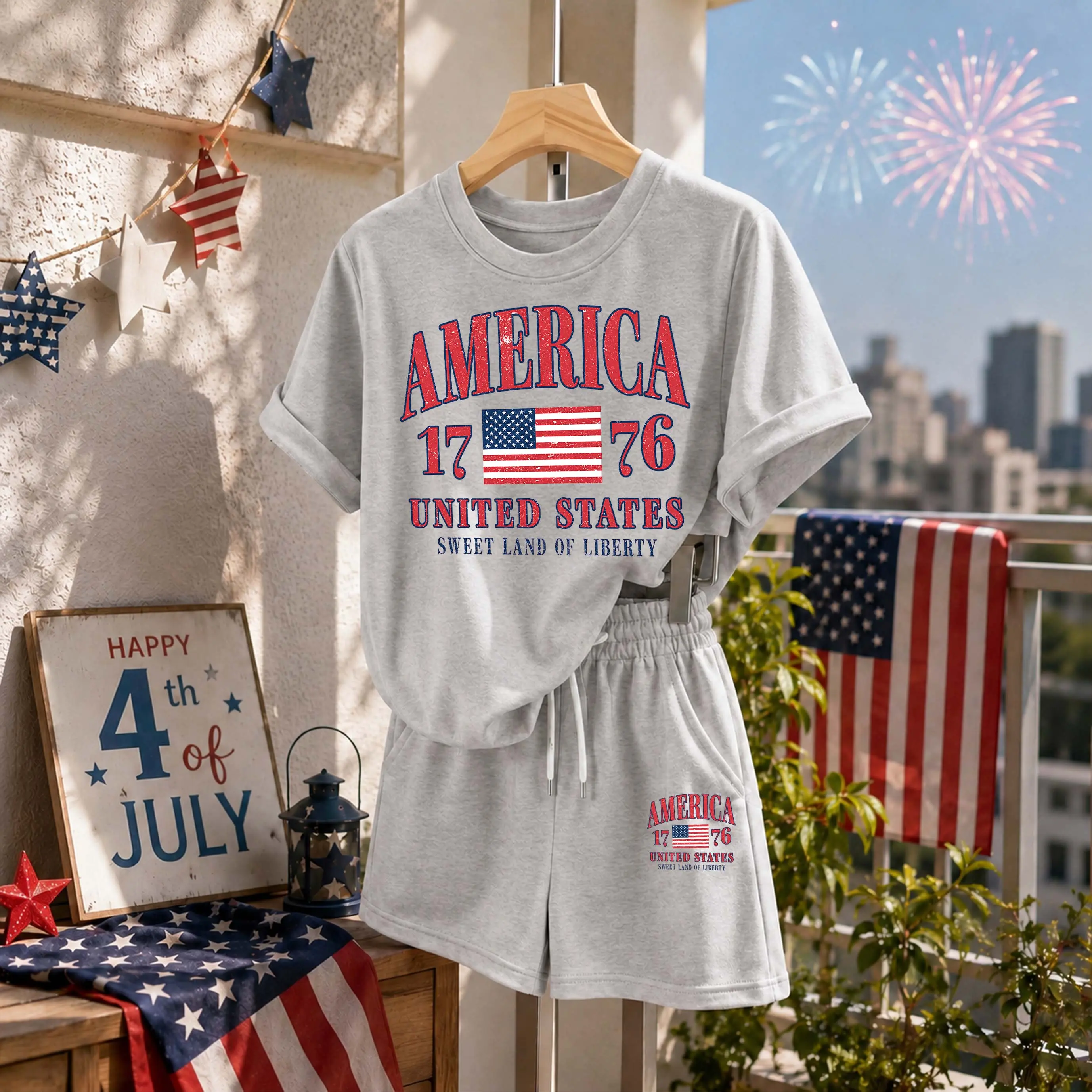 Women’s "America 1776" Vintage Style Graphic Print Short Sleeve T-Shirt and Shorts Set, Casual Summer 2-Piece Outfit, Comfortable Crew Neck Top and Elastic Waist Shorts for Daily Wear, Vacation, Travel, Beach, Resort and Lounge Wear