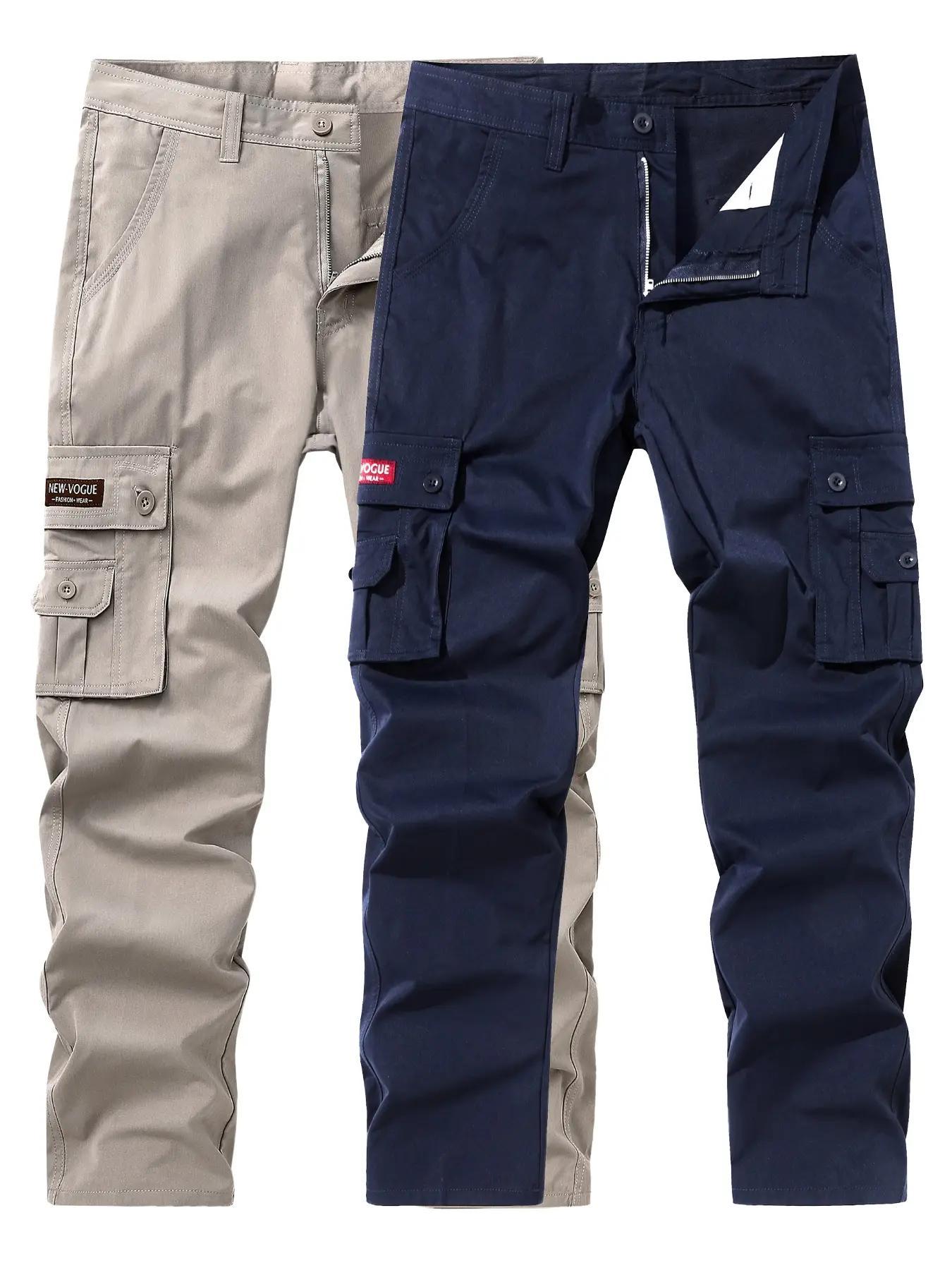 Men's Solid Color Patched Zipper Fly Cargo Pants, Regular Fit Casual Button Multi-pocket Straight Leg Trousers for Wear, Trendy Style Pants for Men, Menswear, Casual Streetwear Trousers, Casual Fit Bottoms, Casual Minimalist Trousers, Casual Slant Pocket