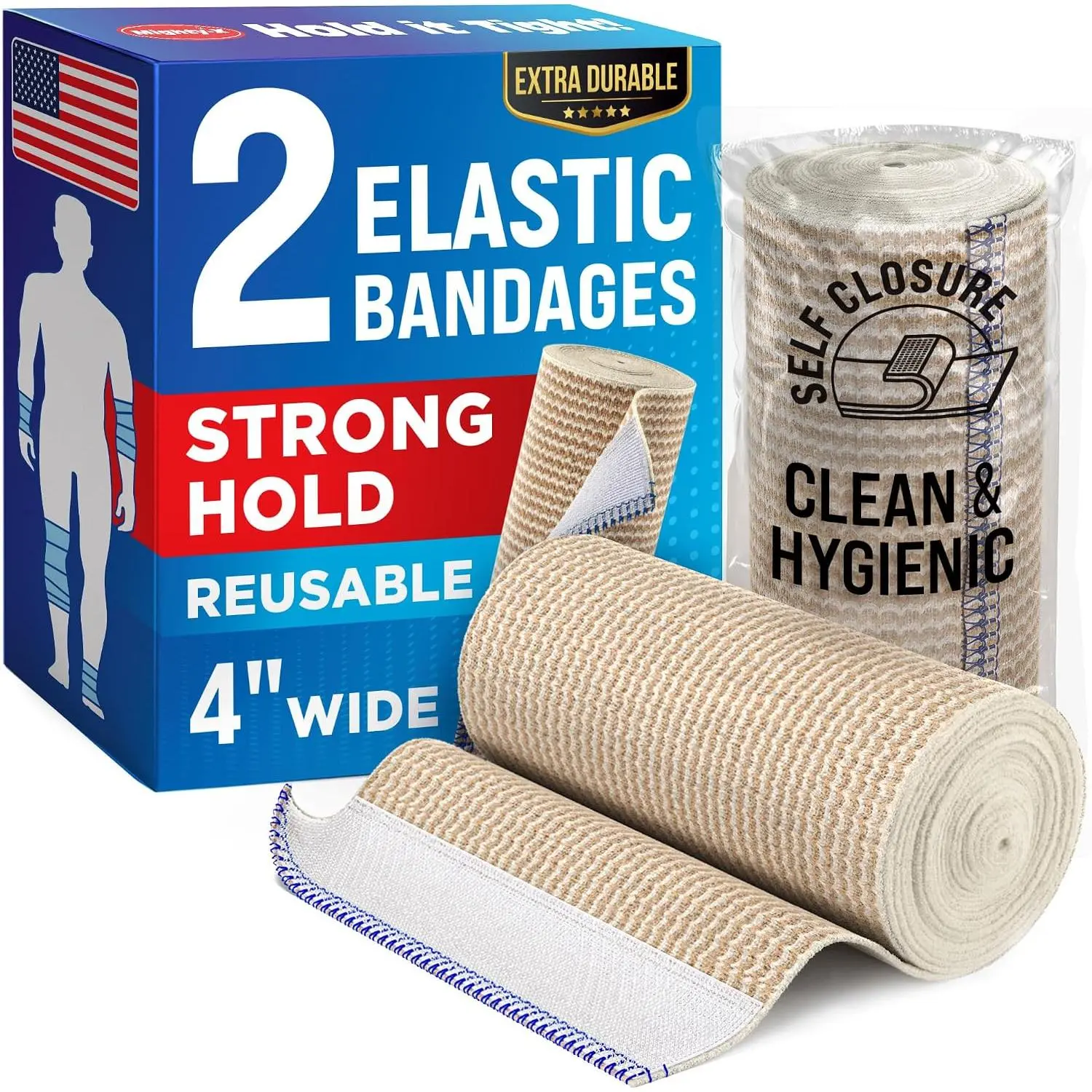 Elastic Polyester Bandage Wrap - 4 in, 2-Pack Self-Closure Strong Hold Compression Reusable Latex-Free Bands for Leg, Ankle, Wrist Recovery, First Aid Hardware Essentials, Legs & Wrist