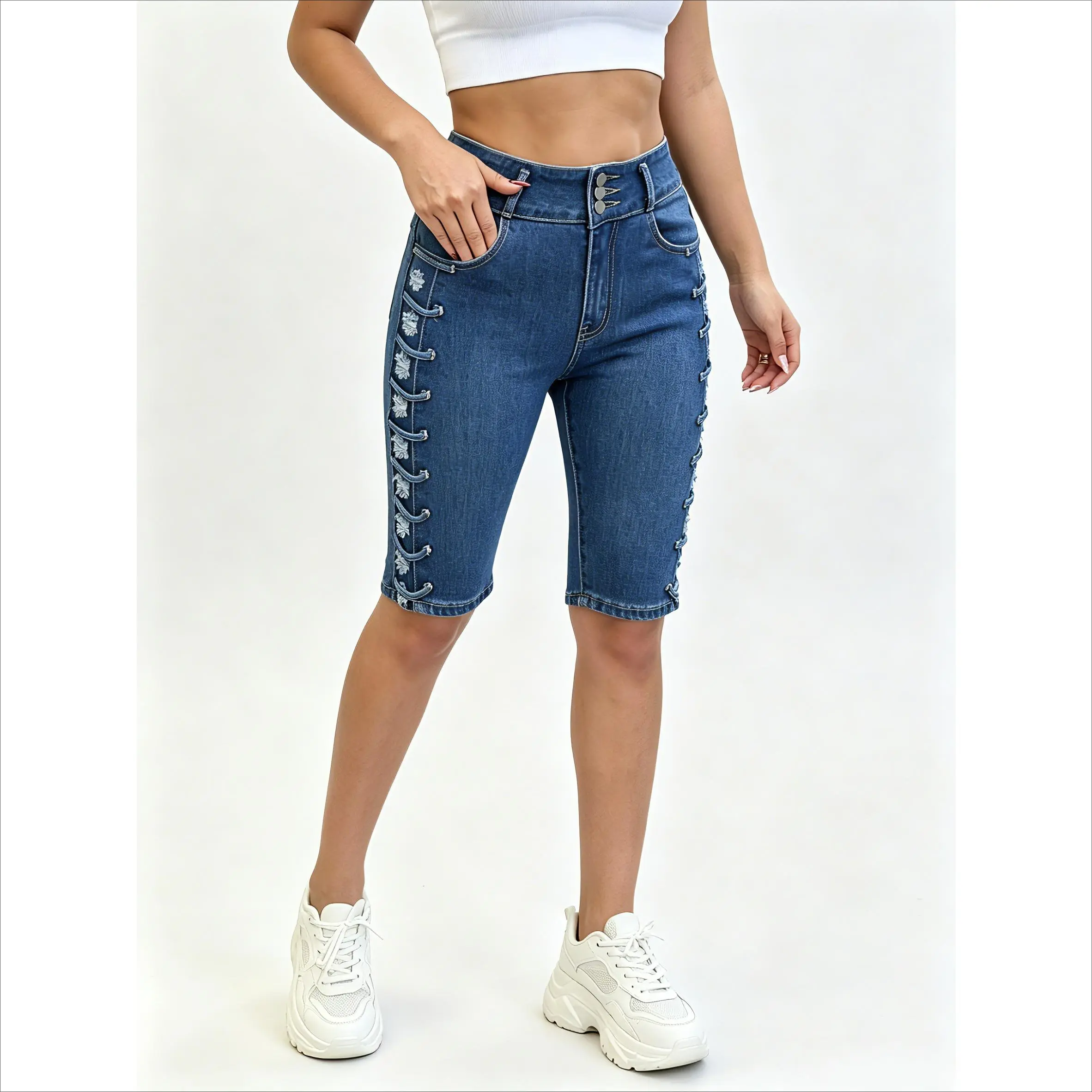 Women's Stretchy Denim Bermuda Shorts - Mid-Rise Fit, Side Cutout Strap Detail, Button Closure, Plus Size Available
