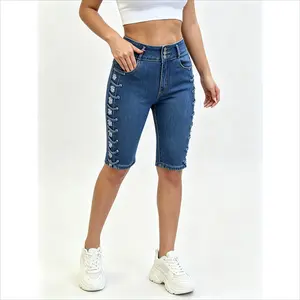 Deep Blue Denim Bermuda Shorts | Side Hole Design + Strap Details, Mid Rise, Stretchy, Sizes up to XXXL