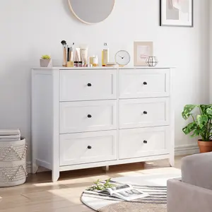 Modern 6 Drawer Dresser for Bedroom - Grey Wooden Chest with Deep Storage, Metal Knobs - Spacious Double Dresser for Living Room, Closet, Entryway, Hallway
