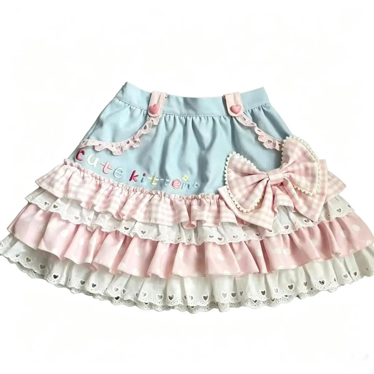 2026 New hot item Japanese Sweet Lolita Tiered Mini Skirt Gingham Bow Lace Trim Blue Beige Harajuku Subculture Sweet Kawaii Party Outfit Sweetwear