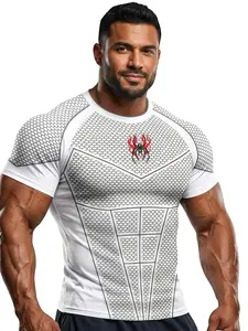 Men's Short Sleeve Compression Workout Top, Spider Print, Breathable Mesh, High Stretch, Quick-Dry, Gym Training Apparel