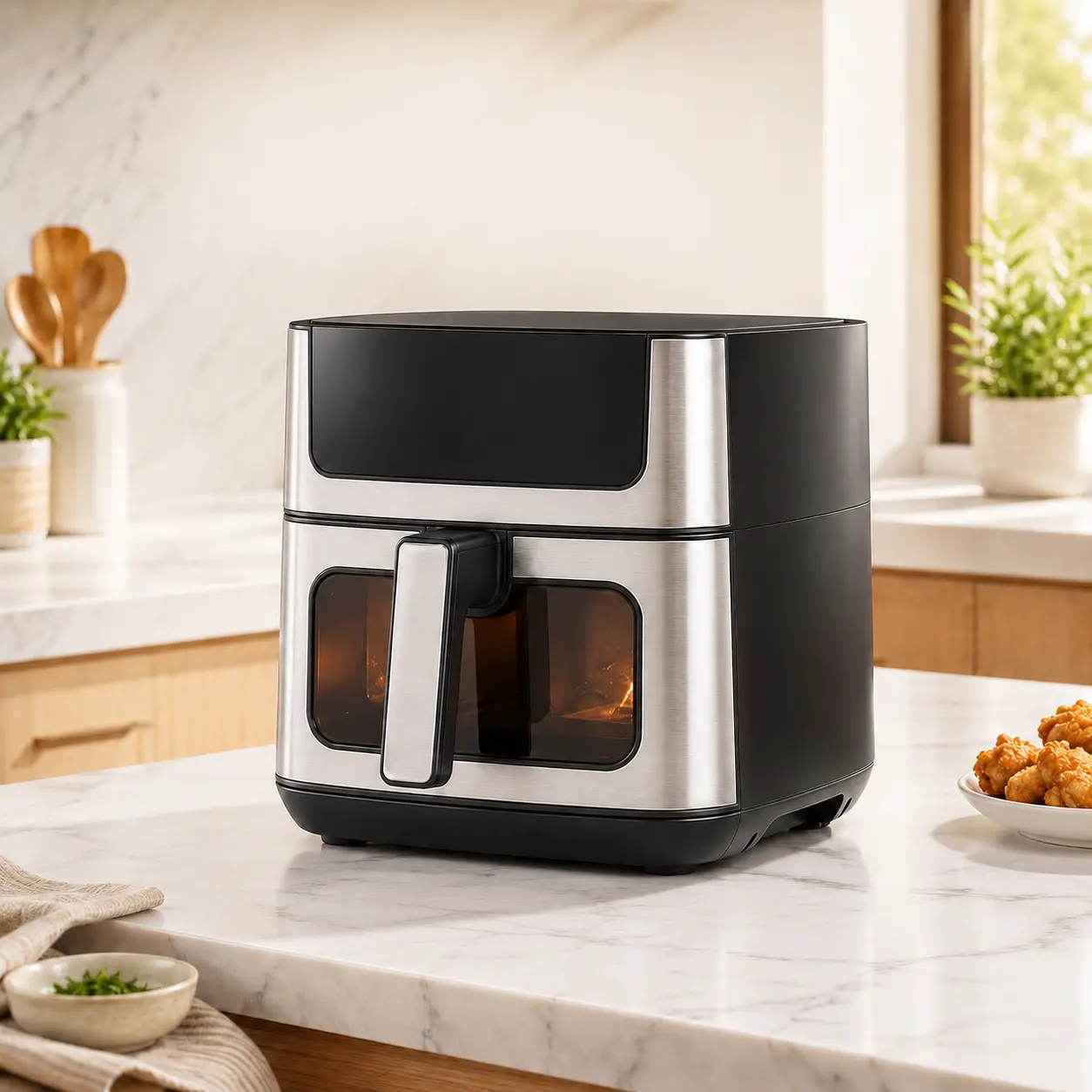 6.34L/6.7QT Large Capacity Air Fryer with Clear Viewing Window, Oil-Free Healthy Cooking, 8 One-Touch Presets, 90-Min Timer, Adjustable Temperature Control, Stainless Steel Nonstick Basket for Family Meals, Kitchen & Dorm Use