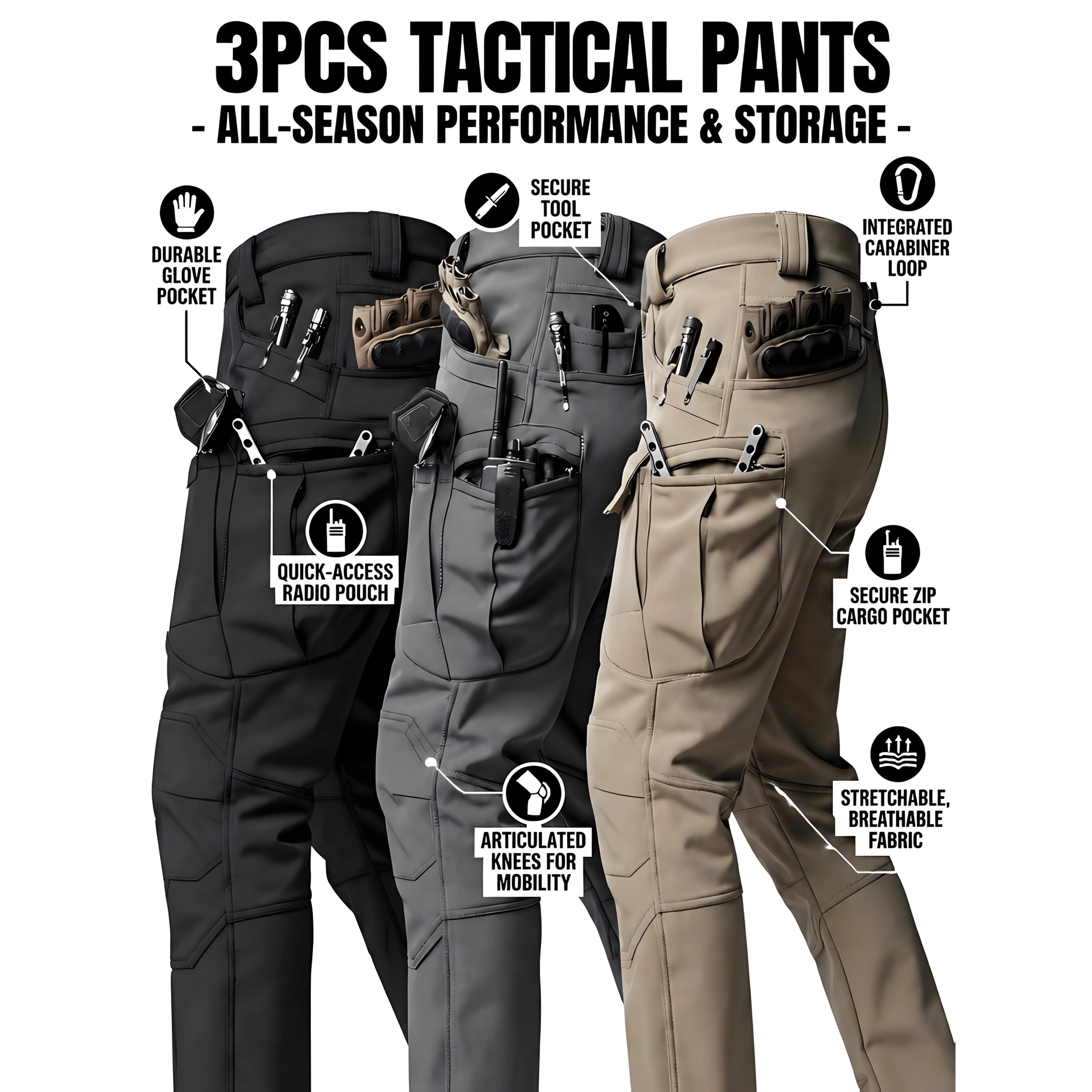 3-Pack Men's Tactical Cargo Pants, stretch breathable all-season work pants with secure zip pockets, tool pockets, and bonus belt for outdoor, hiking, camping, and work