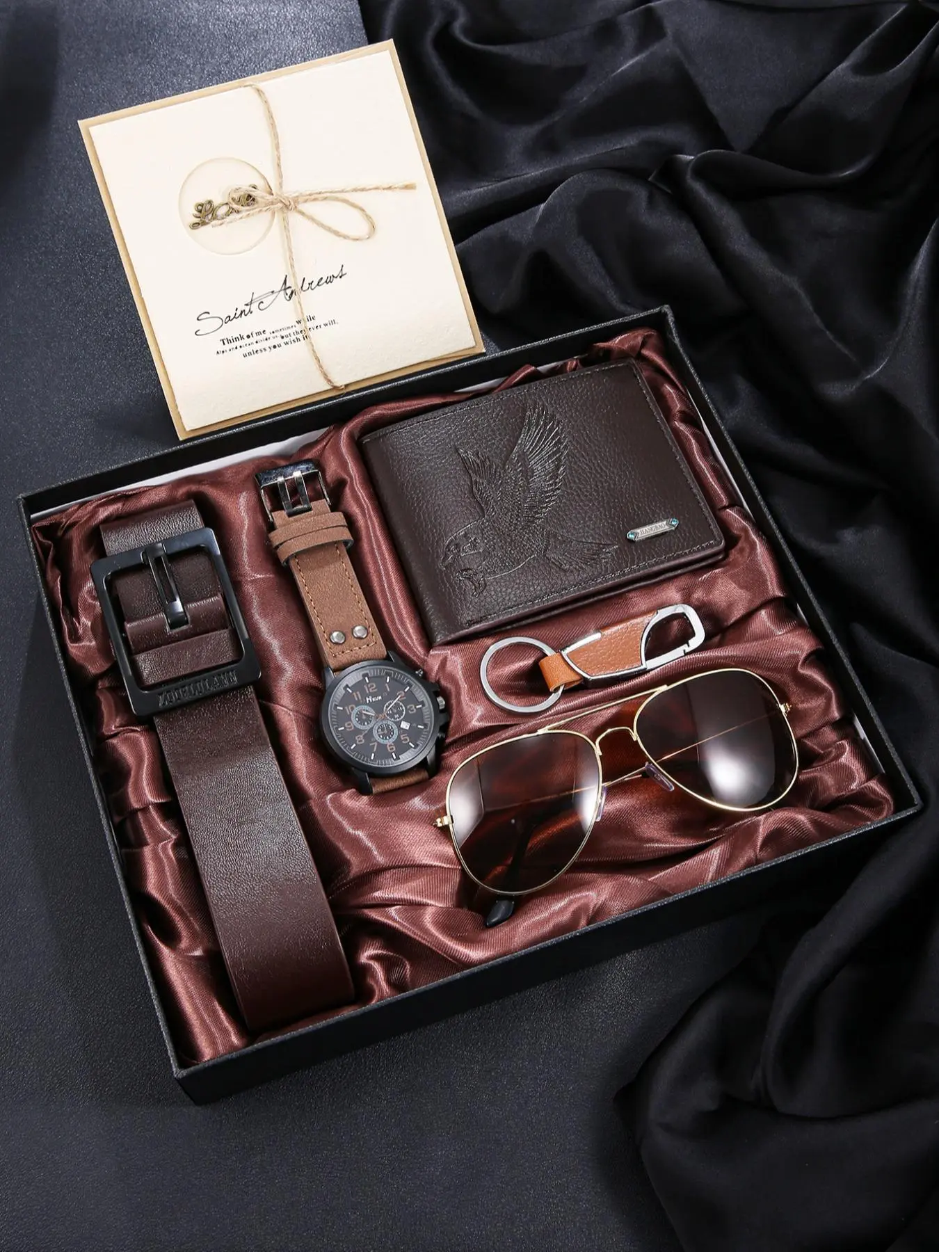 6pcs Men's Elegant Fashion Watch Set with Belt Wallet Keychain Glasses Card, Men Accessories, Perfect Gift for Father's Day Valentine's Day Christmas Birthday