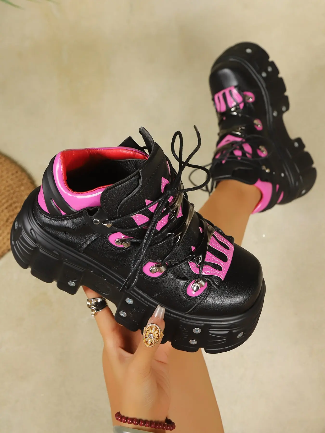 Sweet Punk Style Metal Rivet Thick Sole High Top Short Boots, Flame Patchwork Platform Work Boots, Street Fashion Trendy Shoes