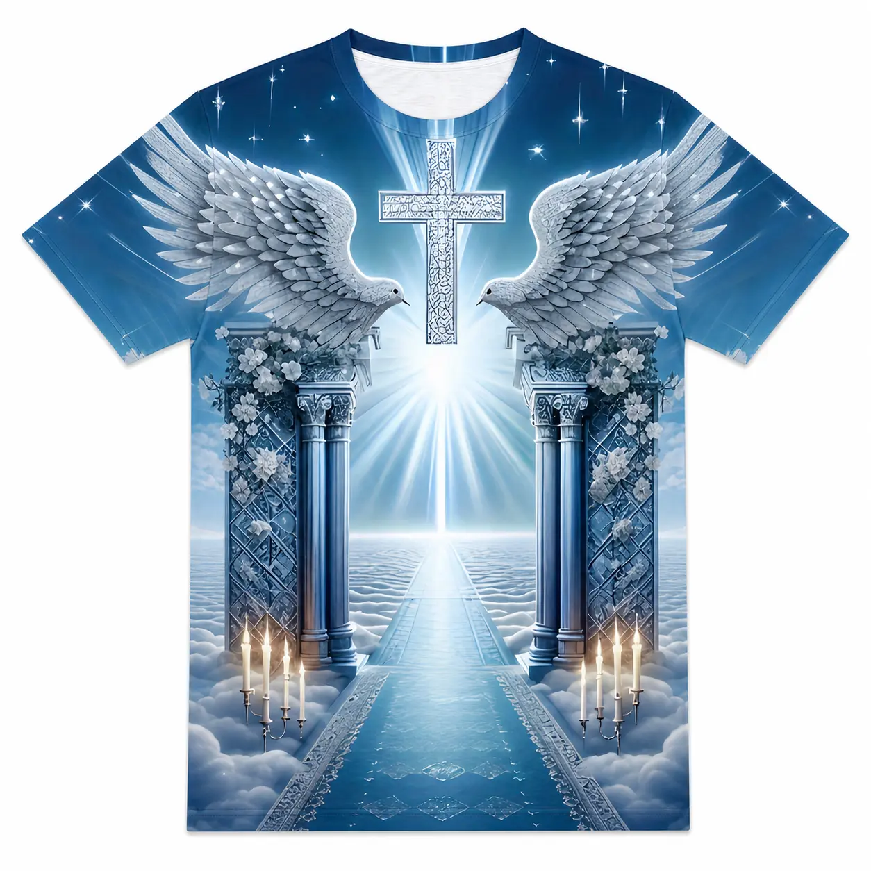 Men's heaven gate, angel wings, doves, andcross Graphic T-Shirt, Short Sleeve Crew NeckAll Over Print Tee, Casual Statement Top,heaven gate shirt, angel wings tee, Christiancross T-shirt, religious apparel, memorial gift,Everyday Wear, Weekend